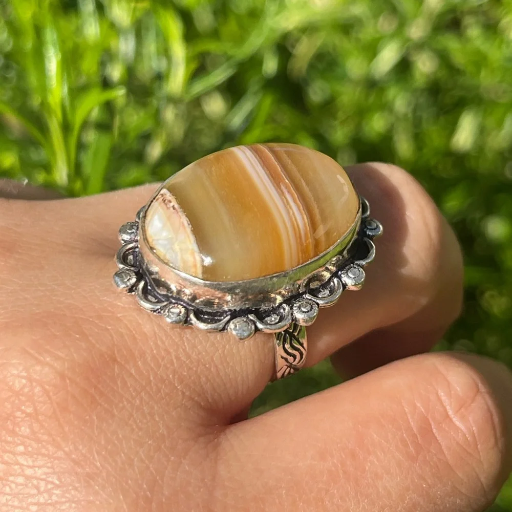 Size 7.5‎ 925 silver plated yellow banded agate ring